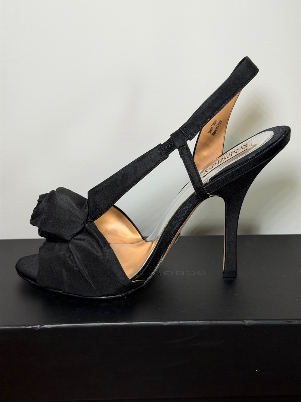 Badgley Mischka Black Satin Slingback Peep Toe with Rosette Accent - Picture 2 of 5